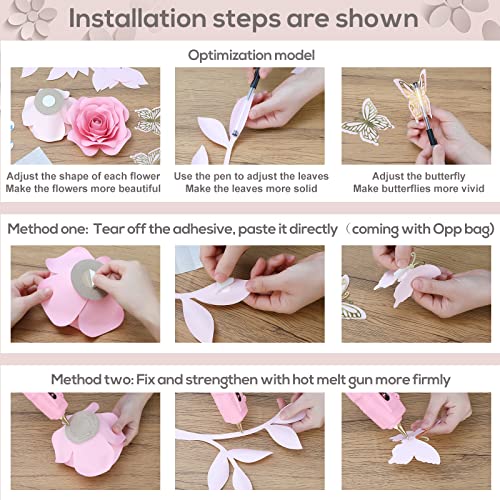 Paper Flowers Decorations For Wall, Giant 3D Handmade Artificial Flowers Bouquet With Leaves And Butterflies, 14 Pc. Kit, Elegant Baby Girl Room Decor Nursery, Wedding And Baby Shower Décor (Pink Set) #TOP4