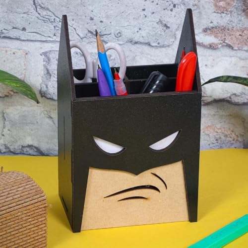 Image of Zesta Wooden Desk Organizer Pen Stand Remote Holder Card Slot | Table Accessory Office Desk Study Room | Pencil Storage Stand Stylish Workspace Decor (Black Man)