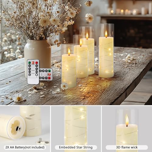 Image of 12-Pack Ivory Flameless LED Pillar Candles with Starry String Lights, Realistic Flickering Remote Control Candles with Timer, Safe Warm Glow for Bedroom Wedding Mantle Cozy Home Decor