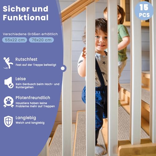 Homwiz Treppenstufen Matten, Stufenmatten Selbstklebend Innen 15 Stück, Treppenstufen Antirutsch Zuschneidbar Wiederverwendbar für Schützen Sie Haustiere, Senioren Kinder (Beige, 76cm x 20cm)