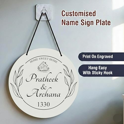 Image of P Arts Personalized Door Name Plate for Home Entrance Round Shaped 10x10 Inch Name plate for home entrance, Door name plates MDF Wood, Black & White (Engraved-03)