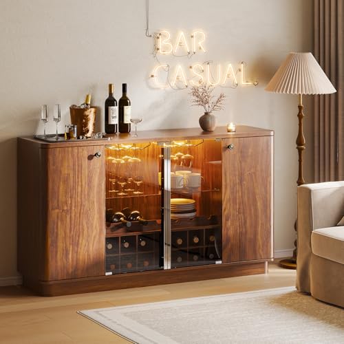 Image of Coffee Bar Cabinet with LED Light & Glass Doors, 60 inch Wine Liquor Cabinet with Wine Rack & Glass Holder & Adjustable Shelves, Coffee Station Sideboard Buffet Cabinet for Living Room Kitchen