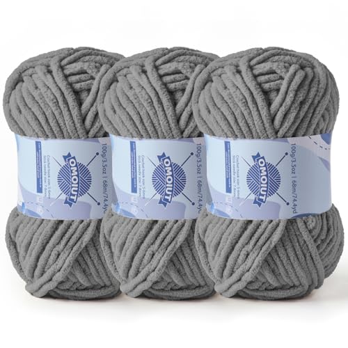 Image of 3 Pack Chunky Chenille Yarn for Crocheting, Baby Yarn for Crocheting Soft Blankets, Bulky Yarns for Crochet Amigurumi, 300g (223yds) Fluffy Velvet Yarns for Hand Knitting (3 Dark Gray)