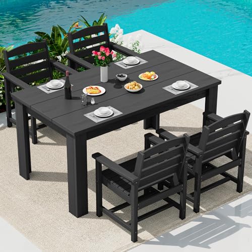 Image of SERWALL 59 inch HDPE Outdoor Dining Set for 4, w / 1 Table & 4 Armchairs, Black | All Weather Resistant HDPE Dining Sets for Patio, Garden, Backyard
