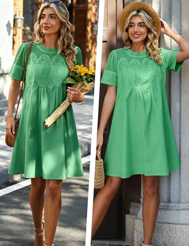 Image of Shiyifa Womens Babydoll Lace Patchwork Dresses Summer Short Sleeve Ruffle Sundress Loose Crew Neck A-Line Dresses