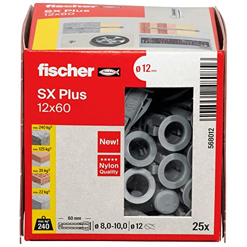 fischer 568012 SX Plus Expansion Wall Plug, 12mm x 60mm, Pack of 25, Grey, 12x60 - Image 2