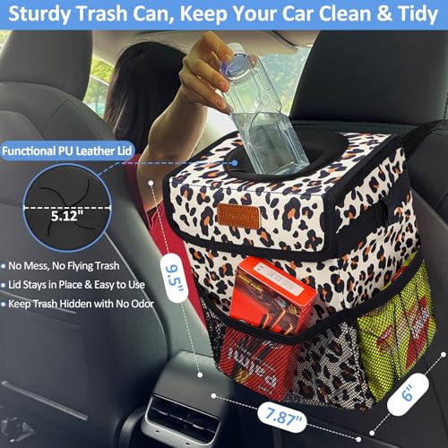 Image of ELONGRIVER Car Trash Can Bin for Back Seat Leak Proof, Cute Car Trash Bag Hanging, Vehicle Trash Can for SUV Truck Van, Automotive Garbage Cans Front Seat Leopard Print, 2 Gallons