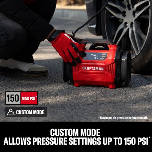 Image of CRAFTSMAN Dual Power Tire Inflator with Digital Gauge & Auto Shut-Off | 12V DC Car Plug and 120V AC Home Use with Up to 150 PSI, LED Light, Portable Air Pump for Car Tires, Bikes and Inflatables