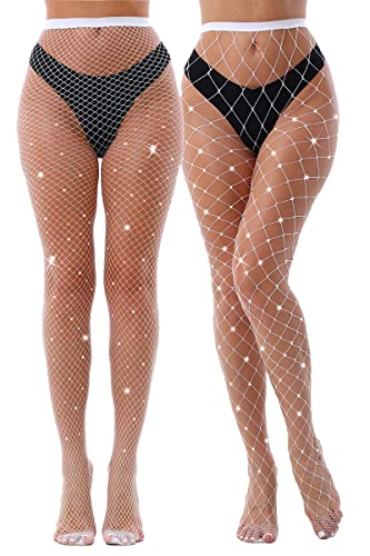 VEBZIN 2 Pack Sparkly Large Mesh And Medium Mesh White Fishnet Tights For Women Glitter Rhinestone Fishnets Leggings Stockings