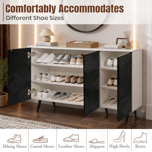 Image of ABOUT SPACE Shoe Cabinet - 3 Tier Shoe Rack with Door | Press Open 3 Door Engineered Wood Shoes Stand for Home | Smooth Non-Fluted-Effect Adjustable Shelf Raised Legs, 15 Pair Storage |White & Black