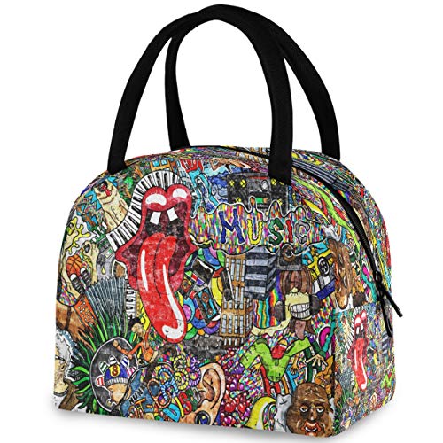 ZzWwR Chic Music Pattern Reusable Lunch Tote Bag with Front Pocket Zipper Closure Insulated Thermal Cooler Container Bag for Man Women Work Picnic...