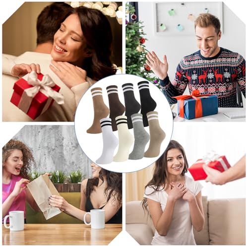 Image of Womens Crew Socks Striped Trim Casual Crew Socks Mid Calf Ankle Sock Vintage Retro Gym Running 6 /8 Pack