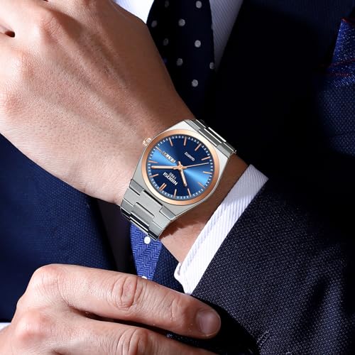 Image of NIBOSI Watch For Men Business Men Analogue Watches Ultra-Thin Waterproof Quartz Military Wrist Watches With Stainless Steel Band, Dial-Color:Blue, Band Color:Silver
