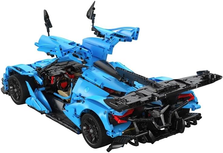 Rear-side view of the assembled blue CaDA V12 Hypercar model with engine cover open