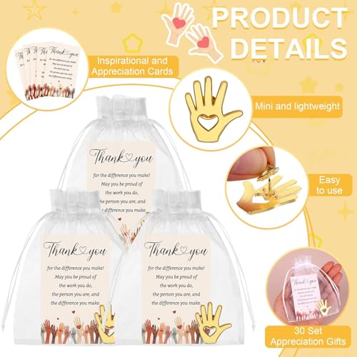 30 Set Volunteer Appreciation Gifts Bulk-30 Volunteer Awards Gold Hands Lapel Pin,30 Thank You Cards,30 Organza Bags You Make A Difference Favors for Employee Social Worker Teacher Staff Charity3