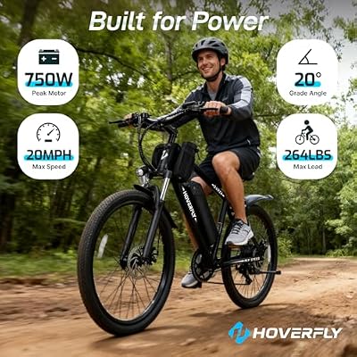 Hoverfly Electric Bike for Adults, 26/16 Models, 750W/500W Peak Motor, Up to 20/15.5MPH, 48V/36V Removable Battery, Up to 40/28 Miles Range, UL2849 Certified, Electric Bike for Commute/Leisure/Trail