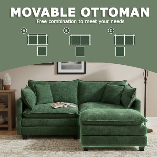 Image of 78 inch Modular Sectional Sofa, L Shaped Cloud Couch with Ottoman | Comfy Chenille Deep Seat Sofa with Throw Pillows, 3 Seat Modern Couches for Living Room Bedroom Apartment, Green, 78 inch L