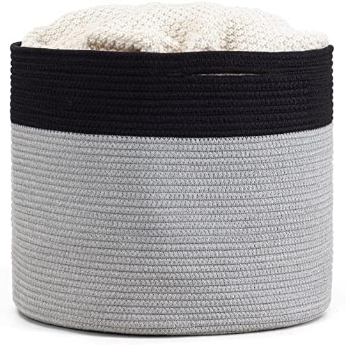 Goodpick Cotton Rope Basket Baby Nursery Laundry Basket For Clothes, Toys, Towels, Blankets and Pillows Round Basket Cloth Hamper For Living Room and Bedroom, 15.8" x 15.8" x 13.8", Black