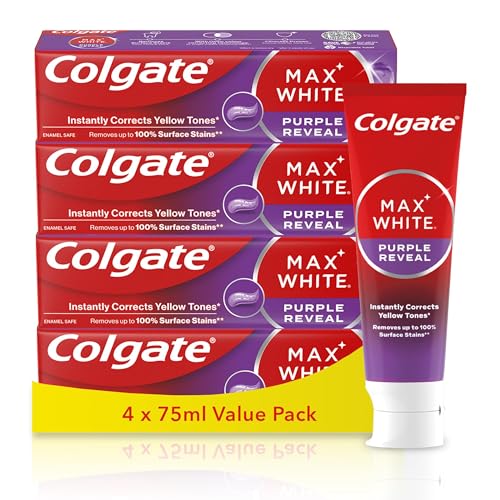 Colgate Max White Purple Reveal Teeth Whitening Toothpaste - Clinically Proven to Remove up to 100% of Surface Stains** - Fluoride Toothpaste - Colgate Multipack - 4 X 75ml