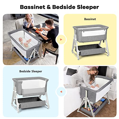 Cowiewie Baby Bassinets,Bedside Sleeper For Baby/Infants With Storage Basket, Easy To Assemble Bassinet For Newborn/Infant, Adjustable Bedside Crib,Safe Portable Baby Bed,Travel Bag Included(Grey) #TOP5