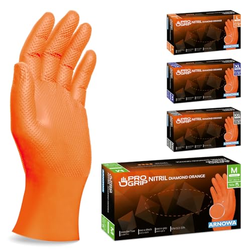 50x PROGRIP Gants nitrile taille M Orange [Avec double épaisseur et texture diamantée], Gants nitrile à usage unique pour atelier, industrie et montage, Gants nitrile à usage unique