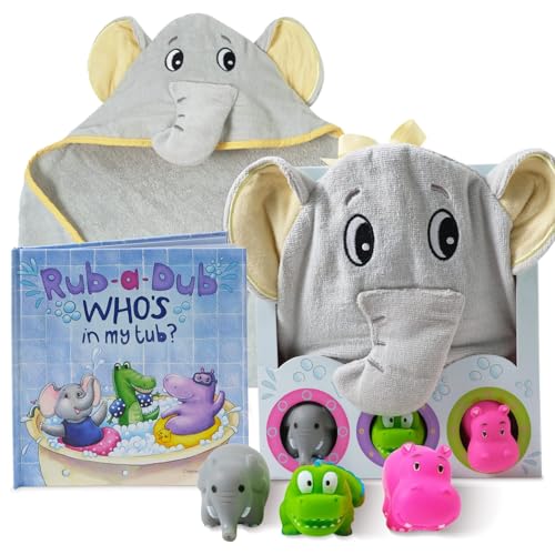 Image of Tickle & Main Baby Bath Gift Set - 5-Piece Set, Yellow, 30 x 30 in, 100% Cotton, Ages 6-24 Months - Elephant Hooded Towel & Jungle Safari Toys with Elephant Bath Book