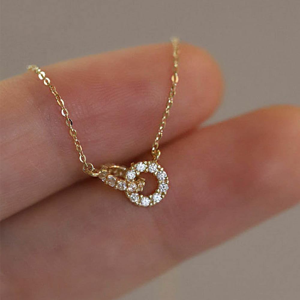 Dainty Interlocking Circles Bracelet for Women 925 Sterling Silver 14K Gold Plated Double Hoop CZ Pendant Lobster Buckle to Daughter Mother Friendship Bracelet Wedding Mother’s Day Jewelry Gifts for Her
