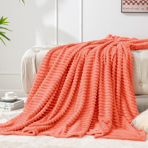 Image of BEDELITE Fleece Throw Blanket for Couch - 3D Ribbed Jacquard Soft and Warm Decorative Fuzzy Blanket - Cozy, Fluffy, Plush Lightweight Coral Red Throw Blankets for Bed, Sofa, 50x60 inches