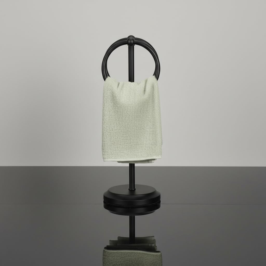 J&V TEXTILES Steel Towel Rack Holder Stand with 2 Hanging Rings for Bathroom Vanity Countertops - Space Saving Hand Towel Holder (Matte Black) - Image 9