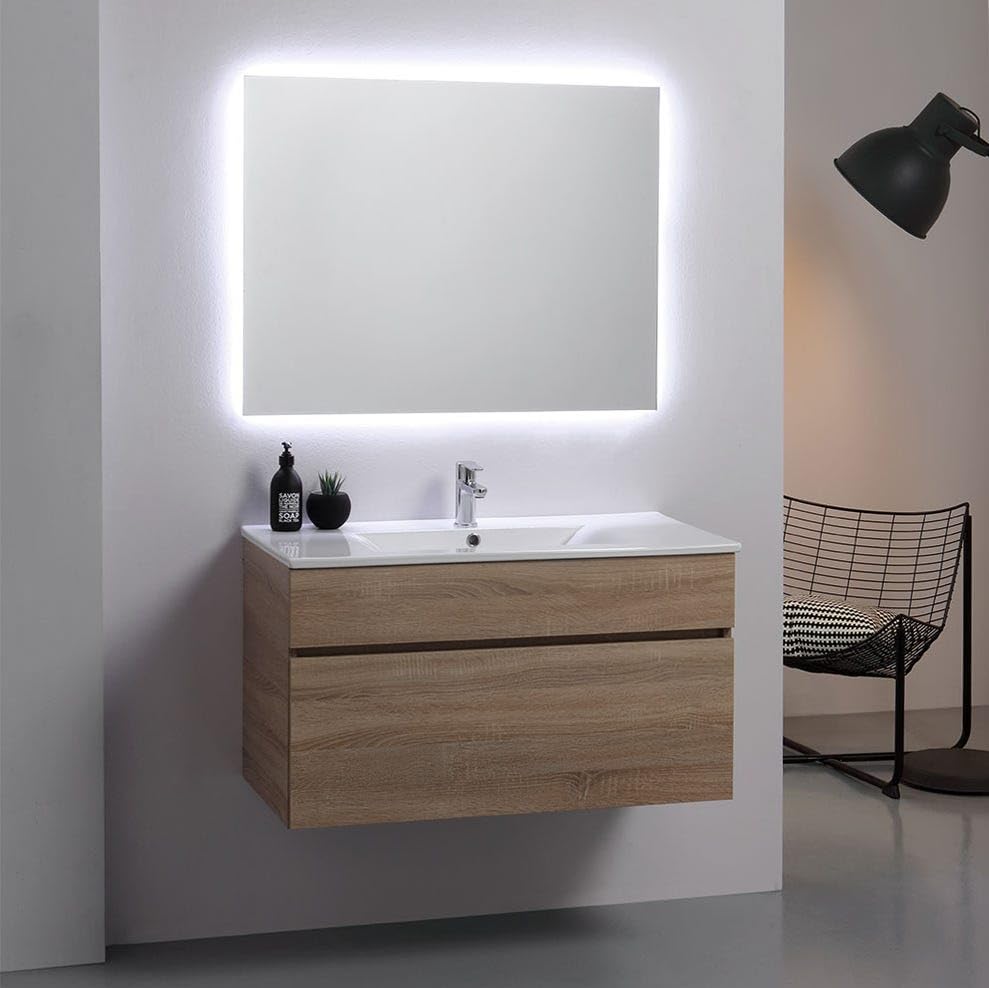 Kiamami Valentina - Mobile Bagno Sospeso 90 cm | Lavabo Ceramica e Specchio Retroilluminato | Colore...