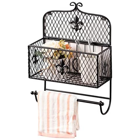 Paper Towel Holder Wall Mounted, Paper Towel Rack with Wire Basket, Hanging Storage Paper Towel Holder, Farmhouse Paper Towel Holder and Multi-Purpose Basket for Kitchen Bathroom Bar, Matte Black Cover
