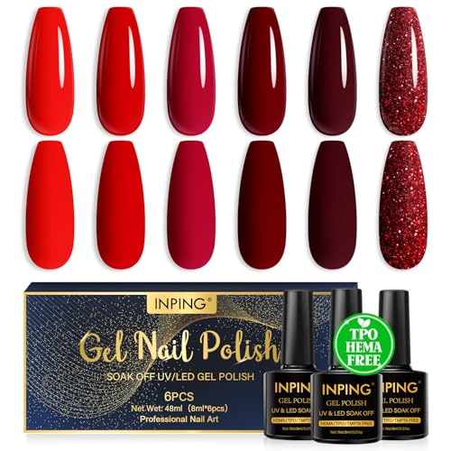 INPING Pintauñas Semipermanentes HEMA/TPO/TMPTA-Free, 6 Colore Rojo Burdeos Rojo Glitter Esmaltes Semipermanentes Para Uñas UV/LED Gel Nail Polish Uñas Diy Manicura Nail Art Set, 8 ML
