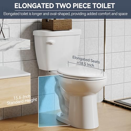 Two-Piece Elongated Toilet, 1.28 GPF Powerful Single Flush Toilet, 16" Universal Height with 19" Extra Long Bowl & Soft Close Seat, 12 Inch Rough In, White
