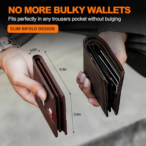 Image of Wallet for Men Slim RFID Blocking Bifold Carbon Fiber,Minimalist Small Compact Front Pocket Credit Card Holder,Thin Mens Leather Wallets Smart Security With 2 ID windows 1 Cash (Oil Wax Brown)