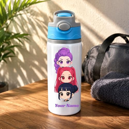 Image of KPOP Theme Custom Name Water Bottle for Kids 600 ML | Aluminium Sipper Bottle | Personalized School Bottle | Birthday Gift, Return Gift for Boys Girls | Rakhi Special