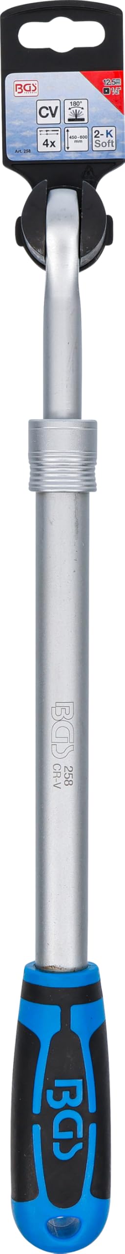 BGS 258 | Poignée articulée, extensible | 12,5 mm (1/2") | 450-600 mm | Longueur : 450 à 600 mm - Couple max. 550 Nm - Tête pivotante à 180° - Chromé mat