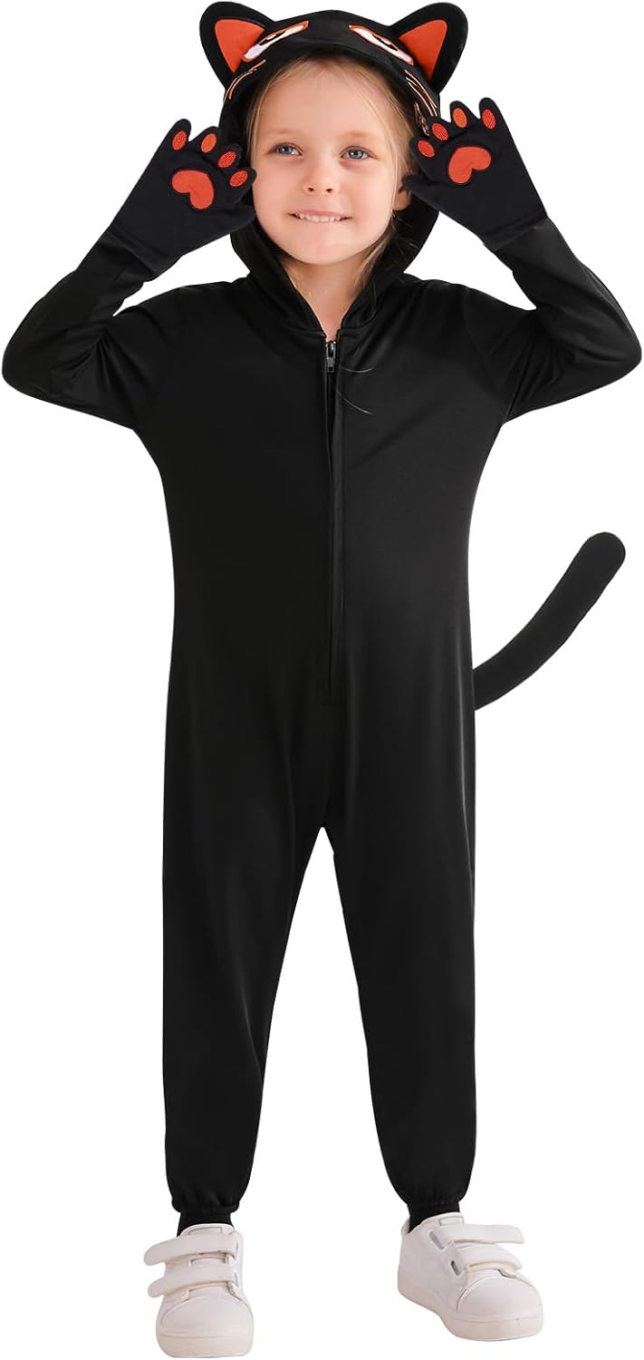ESHOO Black Cat Costume for Kids Halloween Costumes Black Cat Onesie Girls Boys Unisex Dress Up Animal Jumpsuit 3-12Y