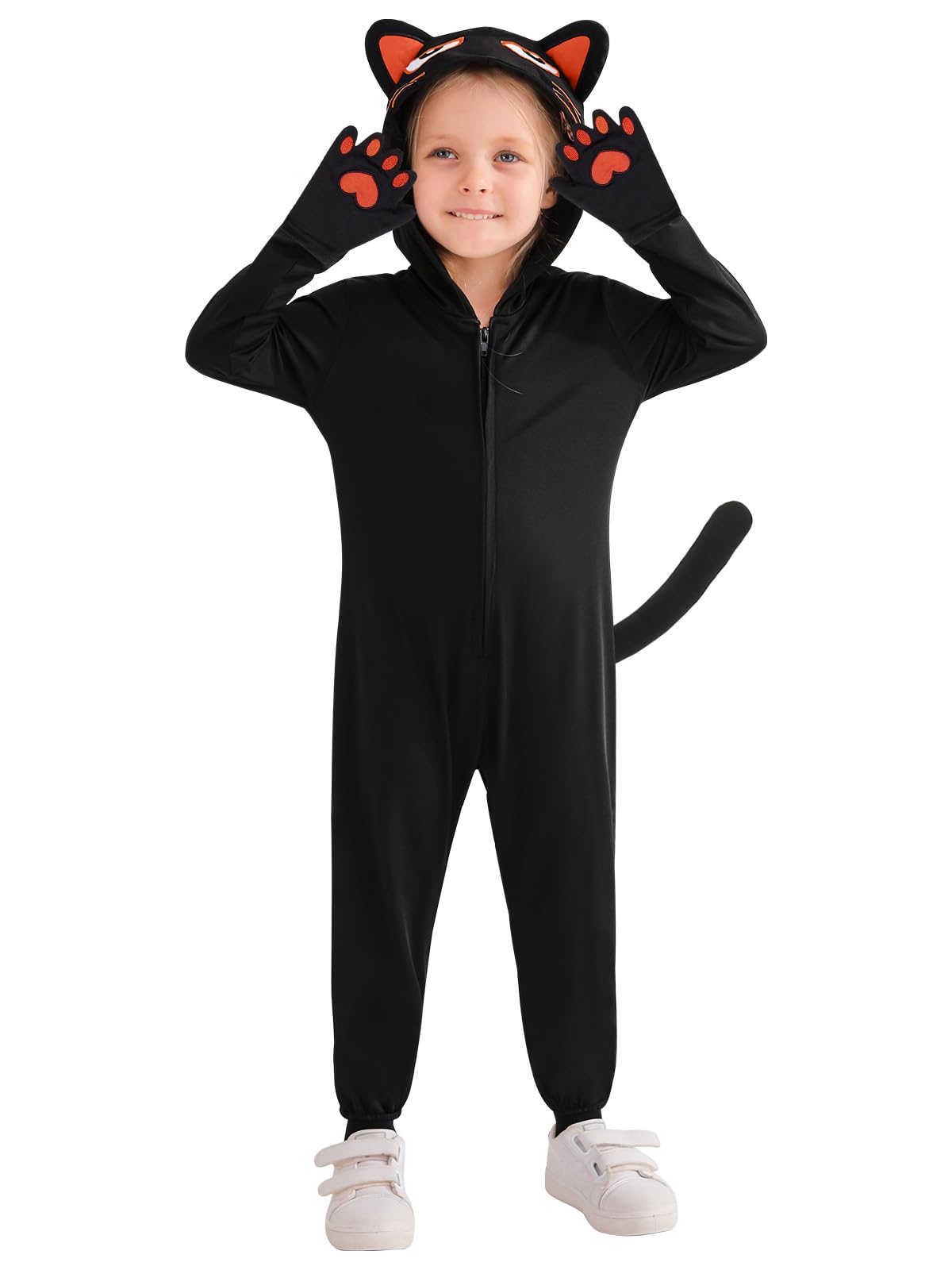 ESHOO Cat Costumes for Girls Kids Halloween Costumes Black Cat Costume Hooded Jumpsuit with Cat Ears Tail Unisex Kids Cat Fancy Dress Theme Party for 3-12 Years