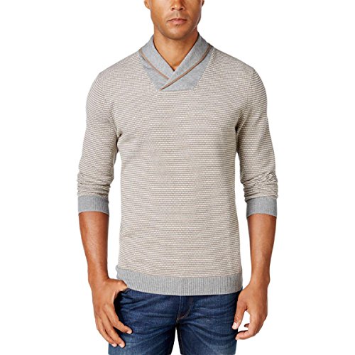 Tasso Elba Mens Rice Stitch Ribbed Trim Shawl-Collar Sweater Tan M