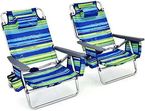 TANGZON Folding Beach Chairs and Table Set, 5-Position Adjustable Sun Loungers with Headrest, Towel Bar, Cup Holder & Ice Bag, Outdoor Portable Camping Armchairs (Blue + Green, without Table)