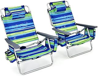 TANGZON Folding Beach Chairs and Table Set, 5-Position Adjustable Sun Loungers with Headrest, Towel Bar, Cup Holder & Ice Bag, Outdoor Portable Camping Armchairs (Blue + Green, without Table)