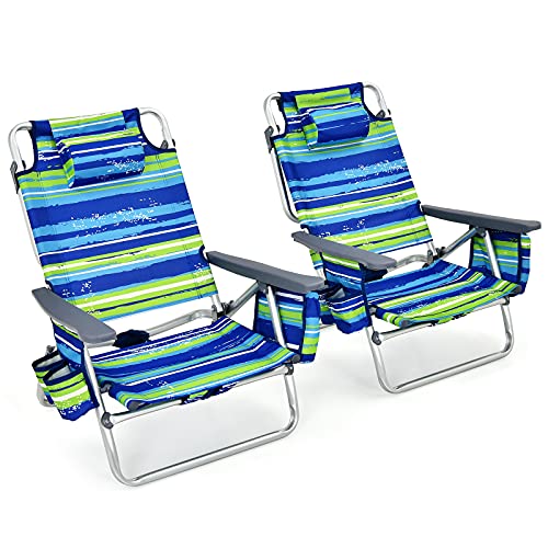 Goplus Backpack Beach Chairs, 2 Pcs Portable Camping Chairs With Cool Bag And Cup Holder, 5-Position Outdoor Reclining Chairs For Sunbathing, Fishing, Travelling (Blue+Green, Without Side Table) #TOP4
