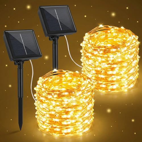 LakiHomi Lot de 2 guirlandes lumineuses solaires d'extérieur, 15 m/150 LED, blanches, étanches pour jardin, terrasse