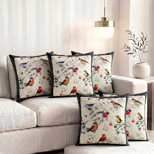 Image of Nendle Printed Holland Velvet Cushion Covers Set of 5, 16 x 16 Inches (40 x 40 cm), Decorative Sofa Cushion Cover with Zipper Closure, Floral Geometric Abstract Bohemian Designs, Multicolor