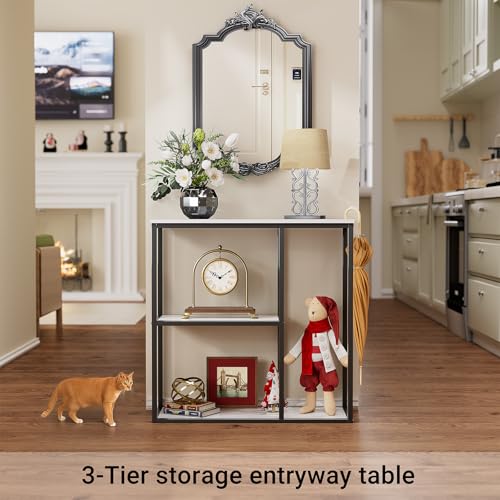 Image of WOHOMO Console Table, 12 Inch Narrow Entryway Table for Living Room, 31.5 Inch Modern Industrial Sofa Table with 3-Tier Storage Shelves for Corridor, Hallway, White Marble