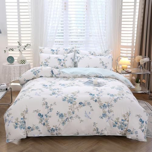 STYHO 3 Piece Blue King Size Duvet Cover Sets Egyptian Cotton Ink Floral Bedding Sets for Girls Adults Ultra Soft Reversible Blossom Patterned Duvet Cover with Pillowcases(Blue Flower, King)