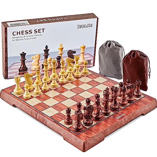 KIDAMI Folding Magnetic Travel Chess Set with 2 Portable Bags for Pieces Storage, Lightweight for Easy Carrying (12.4 x 10.6 Inches), Gift for Chess Lovers and Learners