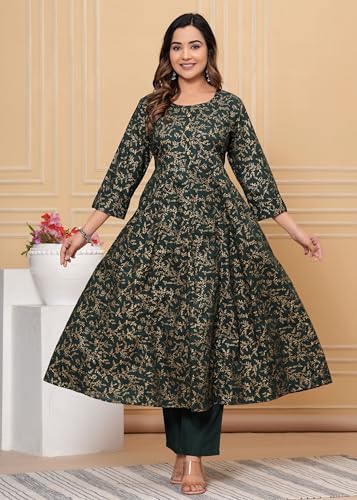 Image of PARTHVI Women's Printed Cotton Anarkali Kurta & Pant With Dupatta Set
