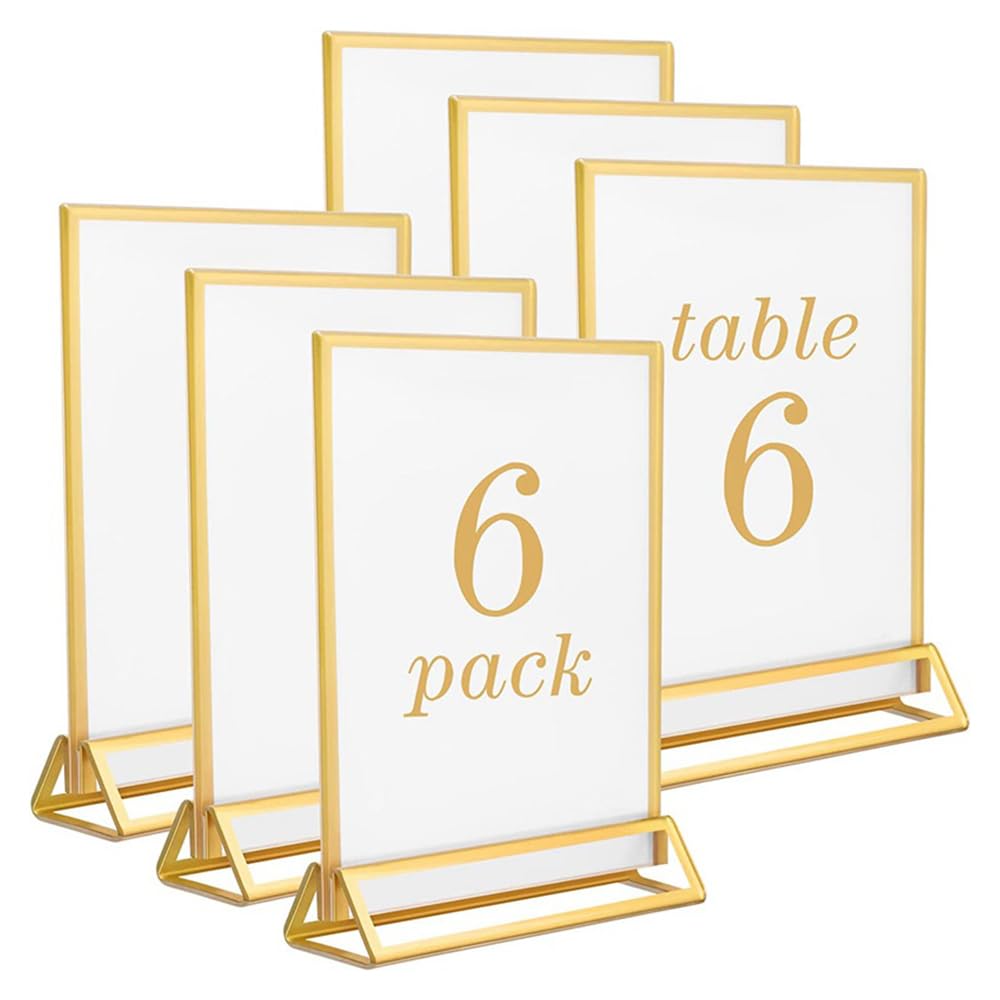 Niciksty A5 Acrylic Counter Stand, Golden Side Clear Acrylic Advertising Stand, T, Double Sided Table Menu Display Stand for Wedding Table Numbers, Restaurant Signs, Pack of 6