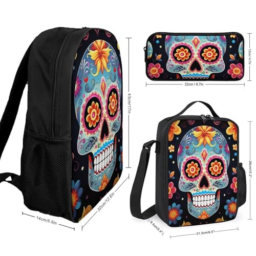 3Pcs Sugar Skulls Printed Backpack for Lightweight High-capacity Backpack With Lunch Bag Pencil Bags2